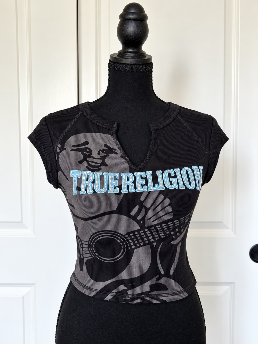 True Religion Black Graphic Guitar Crop Top with Light Blue Logo
